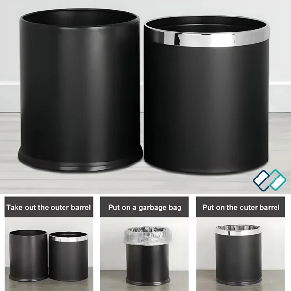 Double Layer Dustbin | Round Trash Bin With Stainless Steel Ring - Image 6
